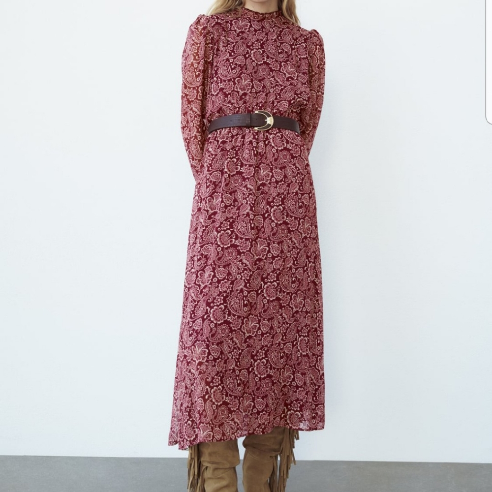 NWT size S, Zara dark red floral printed belted dress - Picture 1 of 9